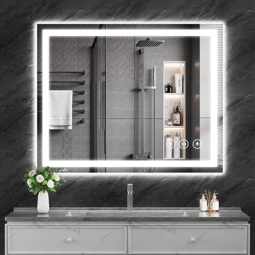 Koonmi 40"x30" LED Mirror for Bathroom, 90CRI Anti-Fog Vanity Mirror with Front and Backlight, Shatter-Proof Wall Mirror with Light, Easy Install Lighted Mirror for Modern Bathroom (IP65)