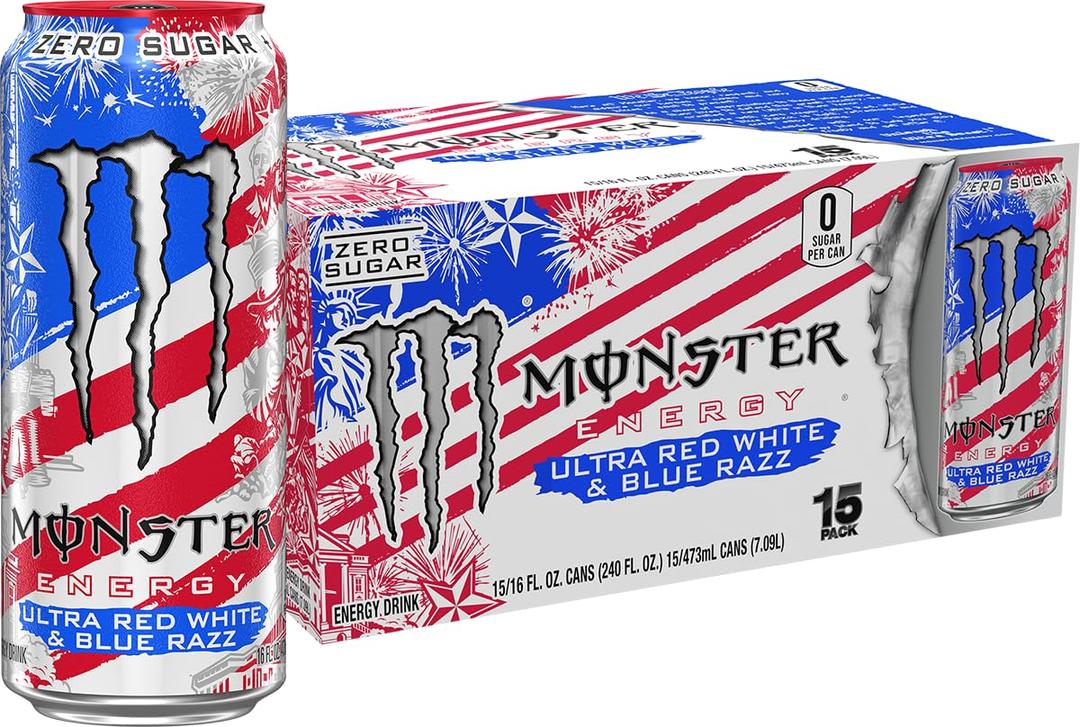 Monster Energy Ultra Red White & Blue Razz, Sugar Free Energy Drink, 16 Ounce (Pack of 15) (EXP 12/31/26)
