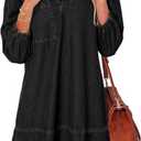 Dokotoo Denim Dress for Women Summer Casual Babydoll 2025 V Neck 3/4 Puff Sleeve Jean Dresses (Size Large, Carbon Grey)