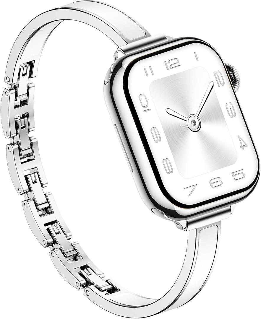 Supoix Slim Bracelet Bands for Apple Watch Women, Chic Thin Metal Band with Embedded Silicone Accents and Easy-Adjust Clasps, Compatible with Apple Watch Series 11/10 42mm, Series 9/8/7 41mm, Series 6/5/4/SE 40m, Series 3/2/1 38mm (Silver + White)
