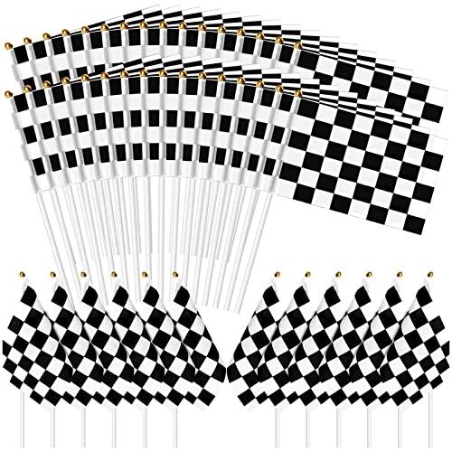 100PCS Checkered Flag, Black and White Premium Polyester Flags with Plastic Sticks, Hand Held Stick Flags for Raceing, Race Car Party, Sport Events