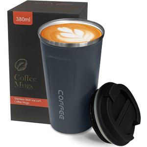 YINBAOGE Insulated Travel Coffee Mug, Spill & Leak Proof, Portable To Go Camping Stainless Steel Coffee Tumbler, Reusable Thermal Coffee Cup with Lid for Hot & Cold Drinks (2nd-Blue, 12 OZ)