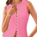 Tankaneo Womens Button Down Cropped Going Out Tank Tops Spring Summer Ribbed Vest Top Slim Fit Sexy Y2K Cute Shirts (Pink) L