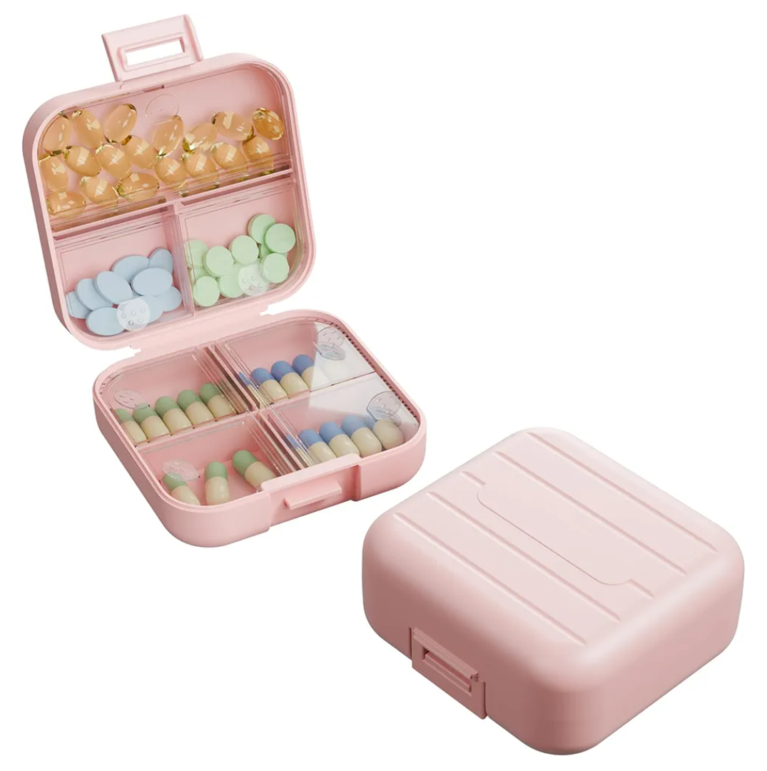 Small Travel Pill Box, Double Layer 7Compartments Pill Organizer, 3.1" x 3.1" x 1.4" Portable Weekly Pill Case Container for Pocket, 7 Day Compact Medicine Holder for Vitamins, Fish Oils Pink