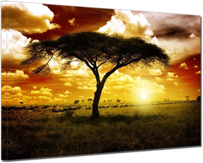African Trees Landscape Living Room Bedroom Canvas Wall Art Earth Tones Sunset Animal Artwork for Hallway Sofa Wall Decor Frame Canvas Print Dusk Home Office Decor 16x24inch (24L" x 16W")