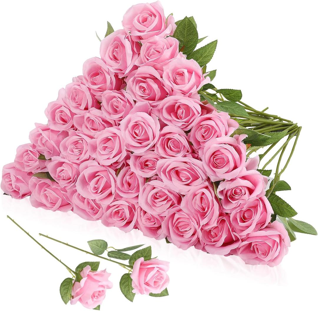 36 Pcs Silk Pink Roses Bouquet Bridal Artificial Flowers Mothers Day,Fake Rose Long Stem Realistic Artificial Flowers Bulk for Wedding Bouquet Ball Arrangement Centerpiece Party Decor
