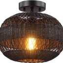 Retro Black Hand Woven Rattan Ceiling Lamp Boho Farmhouse Countryside Ceiling Light Fixture Modern Hallway Pendant Light for Bedroom Kitchen Entryway Living Room Aisle Stairs