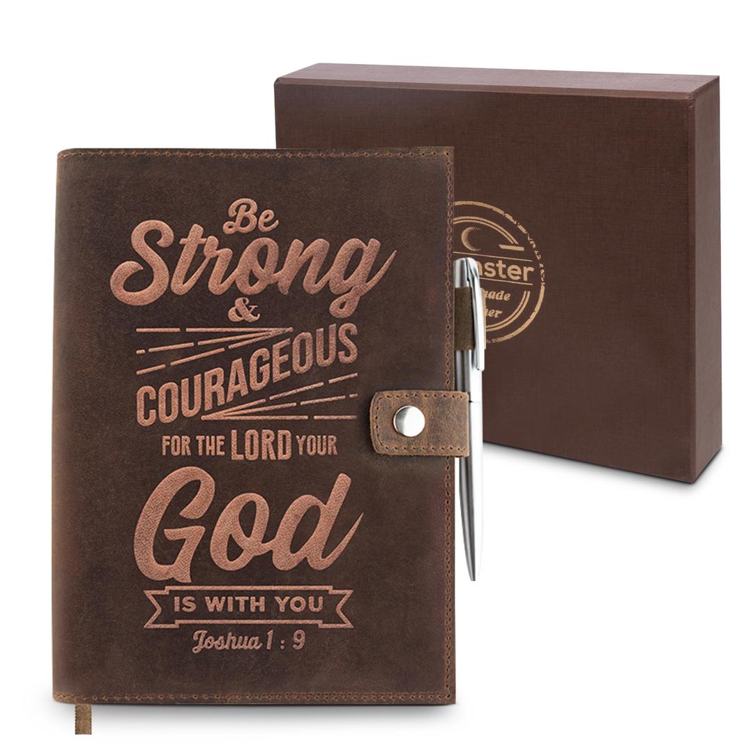 Moonster Refillable Leather Journal Joshua 1:9 Bible Verse Embossed Journals with Pen – Milled A5 Leather Journal Lined Paper - Line Notebooks for Men – Notebook with Pen Holder - 320 Pages