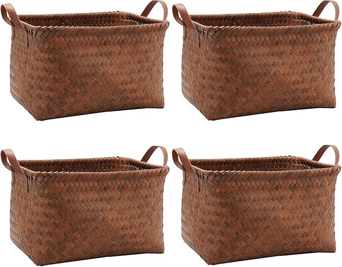 GIB Wicker Storage Baskets for Shelves, Woven Laundry Clothes Blanket Baskets for Organizing, Rectangular Bathroom Closet Organizers Storage Bins with Handles, Brown, 4 Pack