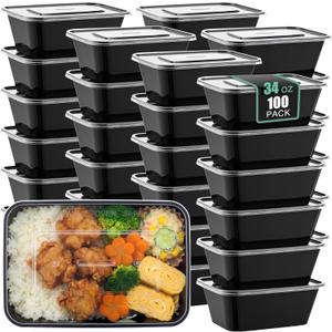 100 Pack 34oz Meal Prep Containers Disposable with Lids 1 Compartment Food Containers Lidded Leak-proof Lunch Boxes Disposable Plastic Bento Box for Microwave Refrigerator Dishwasher Safe