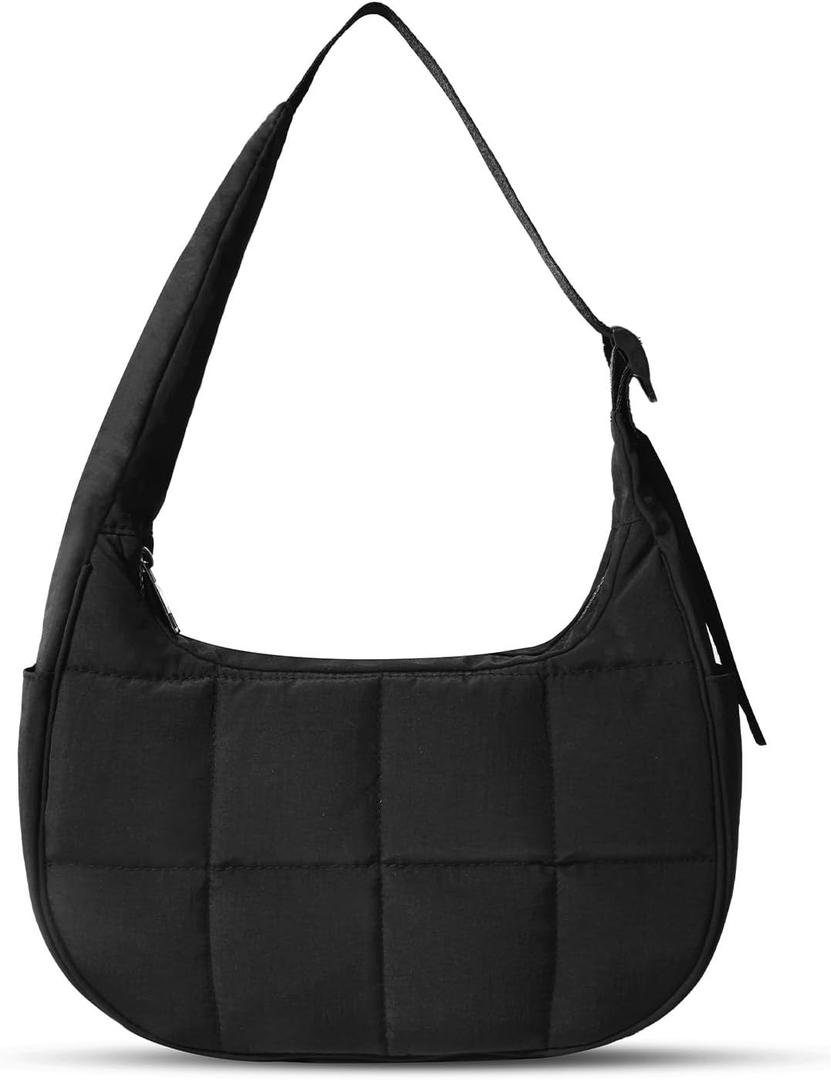 Puffer Crescent Shoulder Bag for Women, Small Puffy Purse for Women, Nylon Quilted Shoulder Purses with Adjustable Strap (Black)