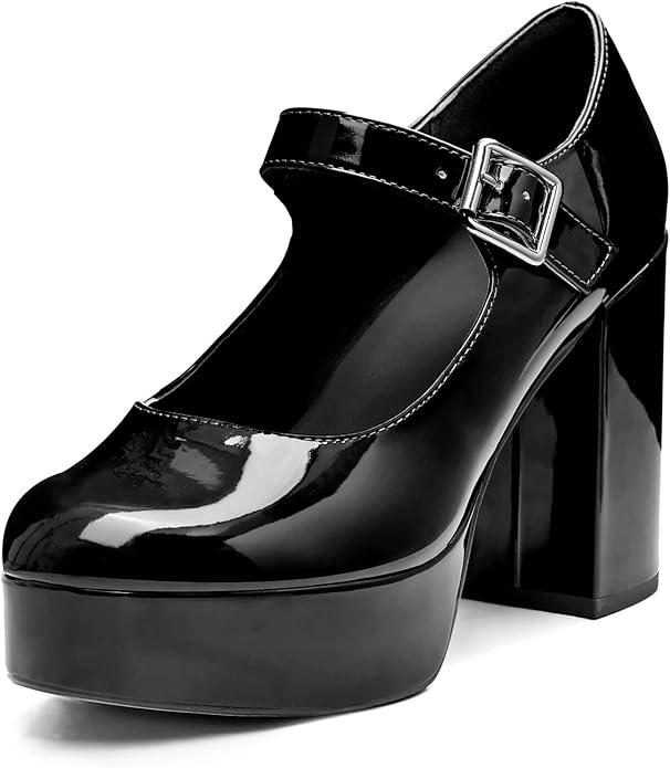 Coutgo Women's T-Strap Round Toe Platform Heels Chunky Heel Patent Mary Jane Dress Shoes, Size 8