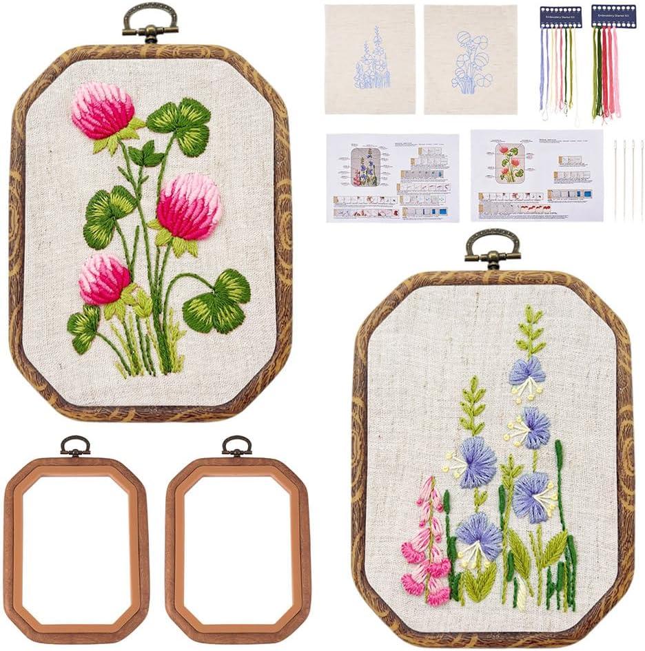 Elecrelive 2 Sets Flower Embroidery Starter Kit for Beginners Adults Stamped Cross Stitch Kits 2 Embroidery Hoops & Fabric & Threads & Needles