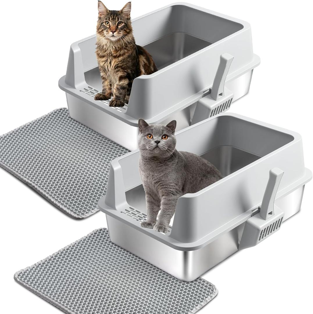 Stainless Steel Litter Box 2 Pack, Metal Cat Litter Box with Lid High Sides,XL Extra Large Litterbox for Big Cats,Non-Stick, Anti-Leakage,Easy to Clean,Include Litter Mat & Scoop,23x14.6x10in