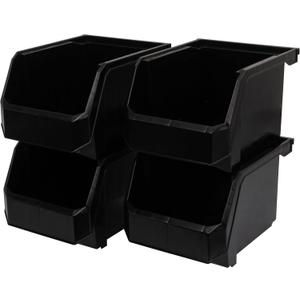 Medium-Tall Stackable Plastic Storage Bins, 4-Pack, Black | Open-Front Stackable Bins For Garage, Pantry, Closet & Office, 7"L X 11"W X 8"H, Nests When Empty, Durable Plastic,