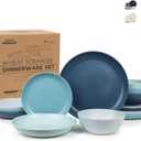 Grow Forward 16-piece Premium Wheat Straw Dinnerware Sets for 4 - Unbreakable Dishwasher & Microwave Safe Plastic Plates and Bowls Sets - Patio, Outdoors, RV, Camping Dishes - Seascape