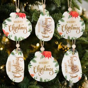 2 x Natural Seashell Christmas Ornaments 6PCS Merry Christmas Decoupage Paper Crafts Hanging Decor, Oyster Shells & Scallop Shells Ornaments for Beach Coastal Xmas Tree Decorations