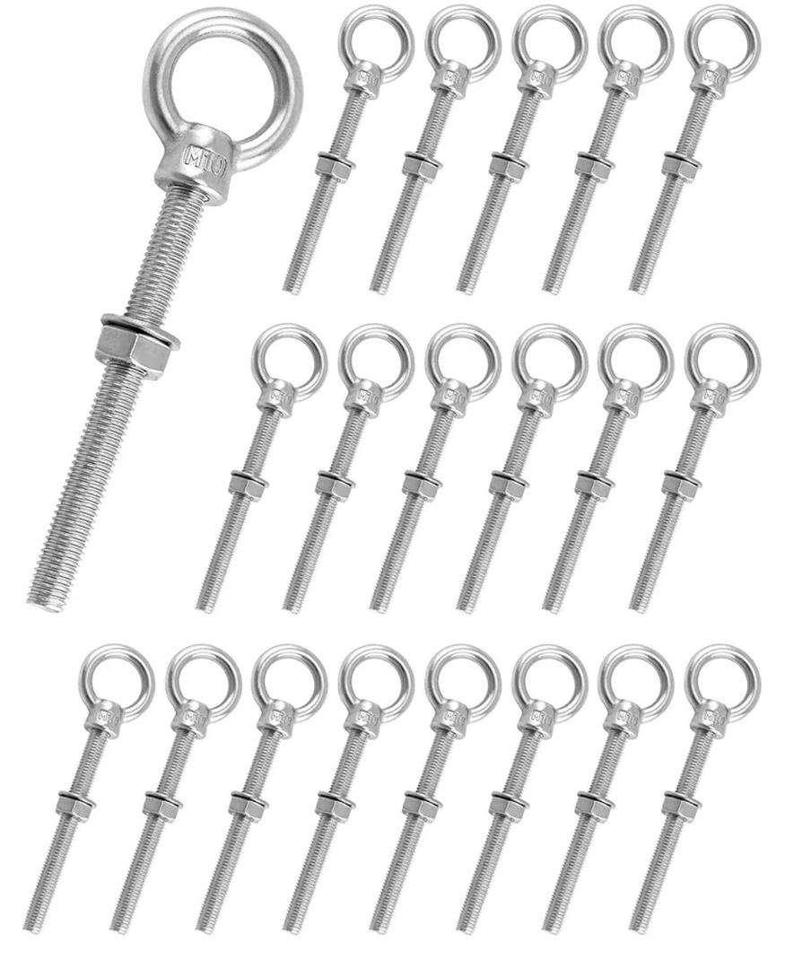 QWORK M10×100mm Stainless Steel Shoulder Eye Bolts – 10 Pack 3/8" x 4" Threaded Eyebolts, Metric Thread Anchors for Lifting, Rigging & Mounting