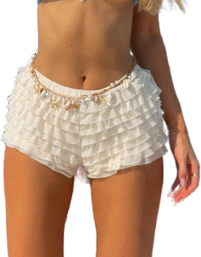 Aopwsrlyi Women Ruffle Bloomer Shorts Bubble Frilly Layered Lolita Shorts Y2K Fairy Cute Pettipants Sexy Mini Boy Shorts (Small)