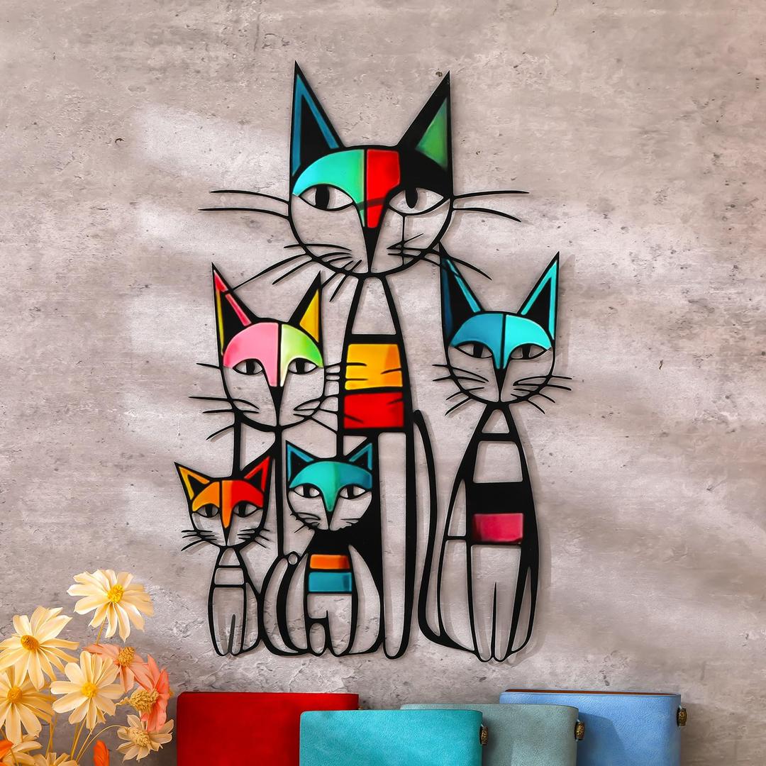 Cat Wall Art Metal, Mid Century Retro Cat Art Wall Decor, Colorful Gifts for Cat Lovers (10.6"x15.7")
