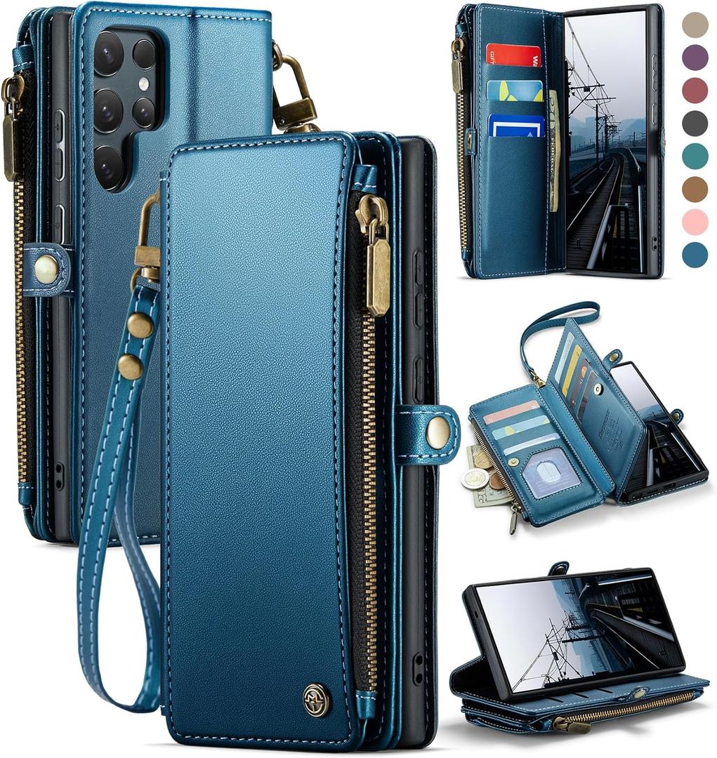 Defencase for Galaxy S25 Ultra Case Wallet with RFID Blocking Card Holder for Women Men, PU Leather Magnetic Snap Flip Wristlet Strap Zipper Wallet Phone Cases for Samsung Galaxy S25 Ultra 6.9", Blue