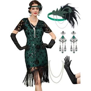 YESSA Flapper Dresses 1920s,Great Gatsby Dresses for Women Fringe Roaring 20s Costumes with 20s Accessories for Harlem Nights (Medium, Green)