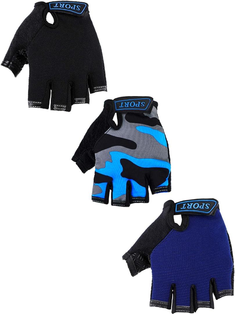 3 Pairs Kids Bike Gloves Kids Half Finger Fingerless Workout Gloves Non-Slip Gel for Bike Motorcycle (8 - 12 Years)