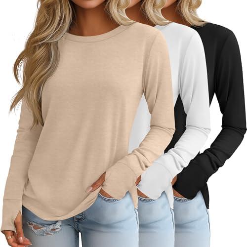 Huukeay 3 Pack Women's Long Sleeve Shirts with Thumb Holes, Cotton Casual Crew Neck Tunic Tops Fall Loose Y2k Trendy Outfits Size XXL