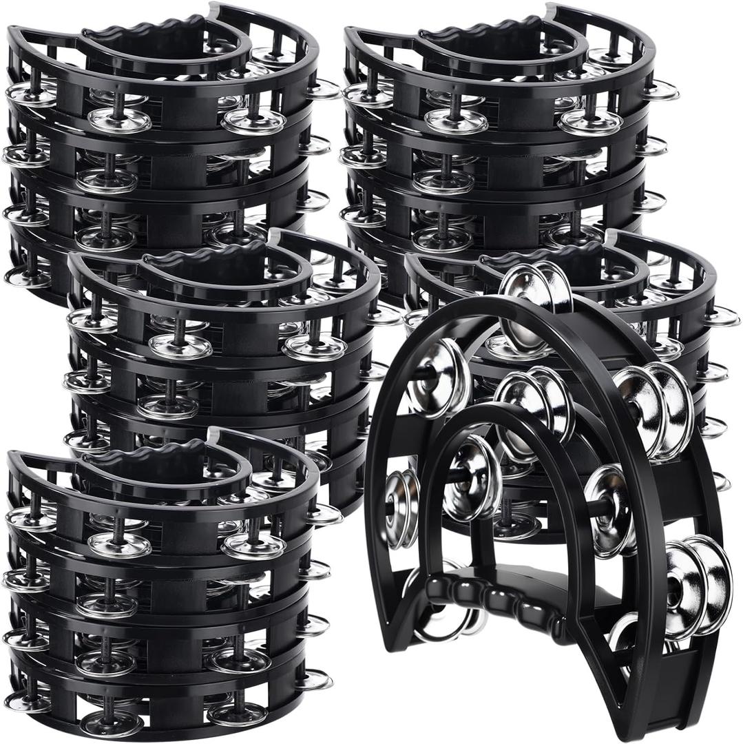 Boao 20 Pcs Double Row Tambourine Half Moon Double Row Metal Jingles Hand Held Instruments Percussion with Handle Grip for Adults, KTV, Party(Black)