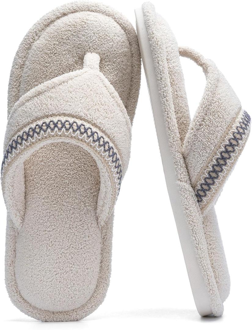 Flip Flops House Slippers for Women Indoor Bedroom Shoe with Non-slip Sole Ladies Summer Open Toe Slide Terry Thong Slippers with Memory Foam (11-12, Beige)