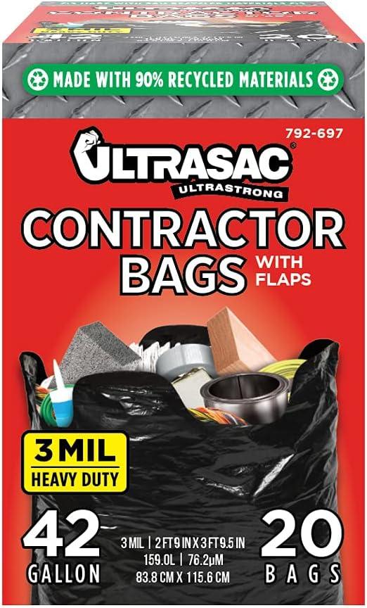 Ultrasac Contractor Bags 42 Gallon (20 PACK/w FLAP TIES), 32.75 x 44.5-3 MIL Thick Large Black Heavy Duty Industrial Garbage Trashbags for Professional Construction and Commercial use