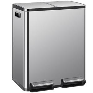 DUMOS Kitchen Trash Can, 2x8-Gallon Dual Trash Can with Lid, Stainless Steel Garbage Bin with 2 Removable Inner Buckets, Soft-Close Foot Pedal, Fingerprint-Resistant for Kitchen, Home, Office