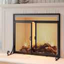 Flat Fireplace Screen with Doors,Solid Wrought Iron Frame with Metal Mesh, Flat Panel Decorative Fireplace Screen with Modern Design, Free Standing Spark Guard