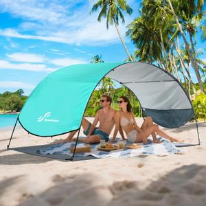 Sportneer Beach Tent Sun Shelter: UPF 50+ UV Protection Beach Canopy Tent Sun Shade for 2-3 Person, Easy Set Up Canopy with 8 Wind Ropes and 12 Ground Stakes for Beach, Size 96.5''x55.7'' (Turquoise)