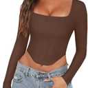 REORIA Womens Trendy Sexy Square Neck Long Sleeve Backless Y2K Going Out Boned Bustier Corset Crop Tops Size M