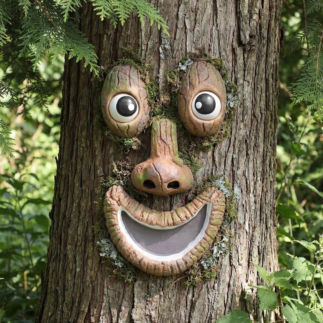 Hollowfly Tree Face Decor Outdoor Tree Faces Trees Yard Art Statues Garden Cute Funny Creative Decoration for Indoors Outdoor Garden Decoration(Smiling Style)