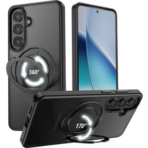 VUM Galaxy S26 Case 6.3", MagSafe Supported, Full Camera Protection, Built-in Magnetic Ring, 360° Rotatable Magnetic Stand, Military Grade Shockproof, Semi-Transparent Matte, Black