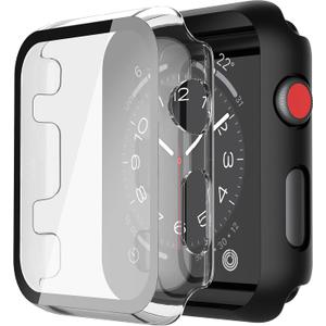 Misxi 2 Pack PC Case with Tempered Glass Screen Protector Compatible with Apple Watch Series 3 Series 2 38mm, HD Overall Shockproof Protective Cover for iWatch, 1 Black + 1 Transparent