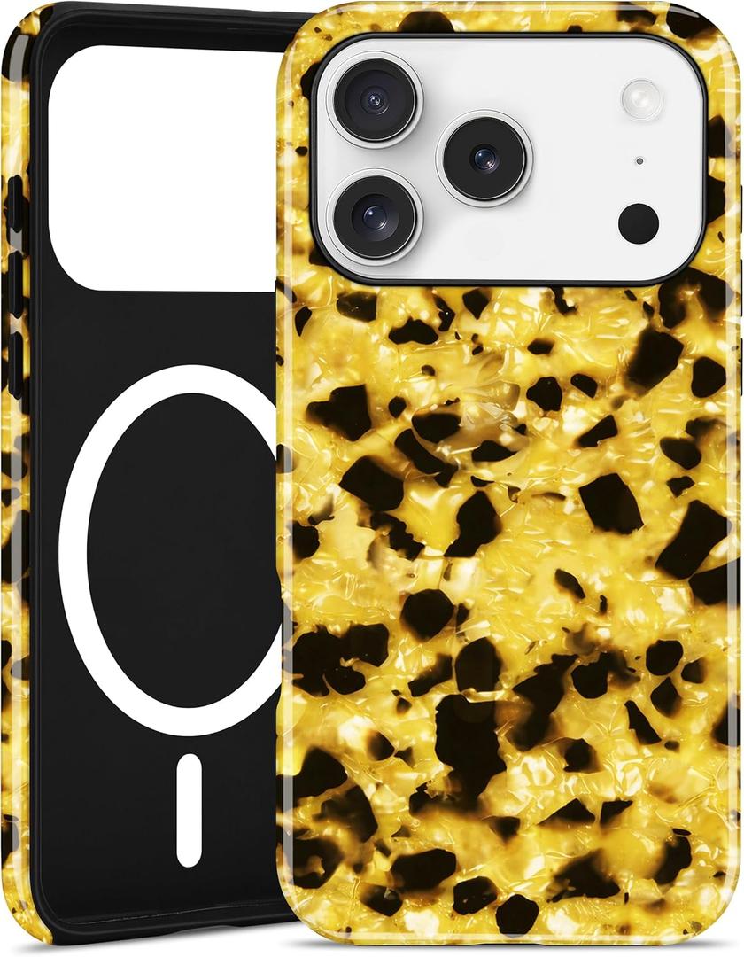 Jusy Compatible with MagSafe Golden Tortoise Shell Print Phone Case for iPhone 17 Pro, Amber Trendy Luxury Magnetic Soft TPU and Hard PC Protective Phone Cover for Women Girls - Golden