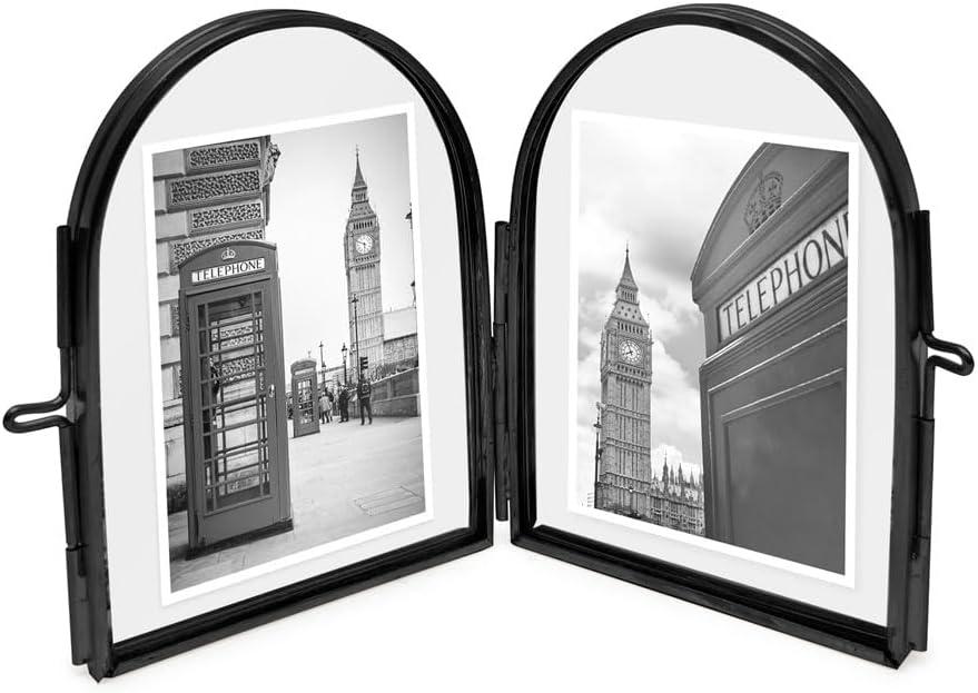 Isaac Jacobs 2x3 Vintage Style, Double-Sided Arched Brass & Glass Metal Floating Picture Frame with Locket Closure (Vertical), Made for Tabletop Display (2x3 Vertical, Black)