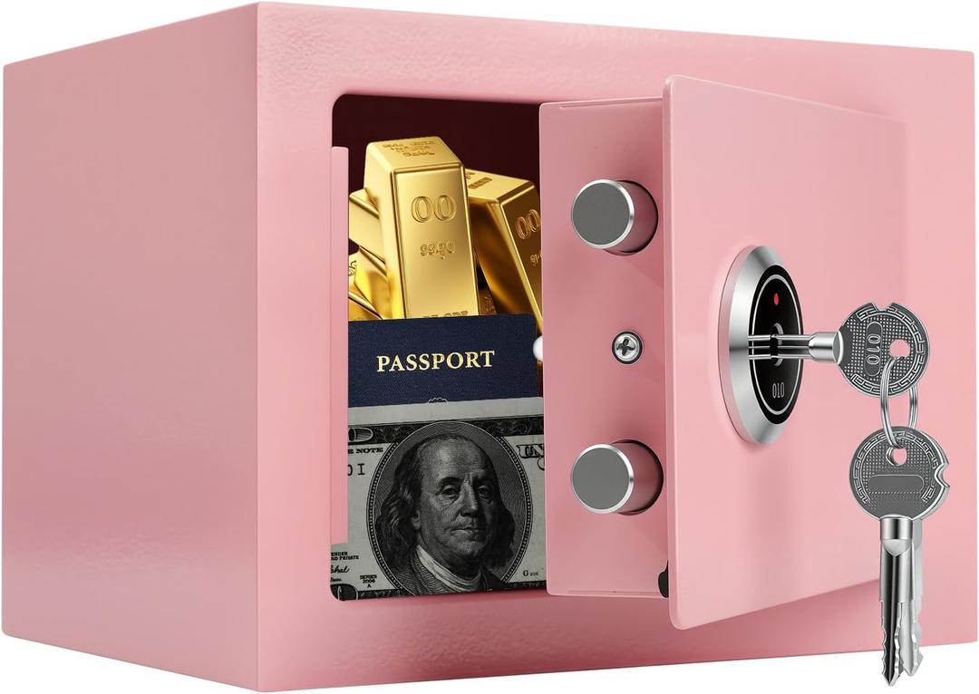 Small Safe Box for Home,Wall Safes 0.23 Cubic Feet, Heavy Duty Steel Safety Lock Box with 3 Keys for Money, Passort, Jewelry 9.06"x 6.69"x 6.69" Pink