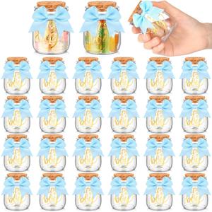 24 Sets Baby Shower Bottles Favors for Guests Glass 100 ml Milk Jar with Ribbons and Stickers Decorations for Gender Reveal Newborn Centerpiece Party Favor (Blue,It's A Boy)