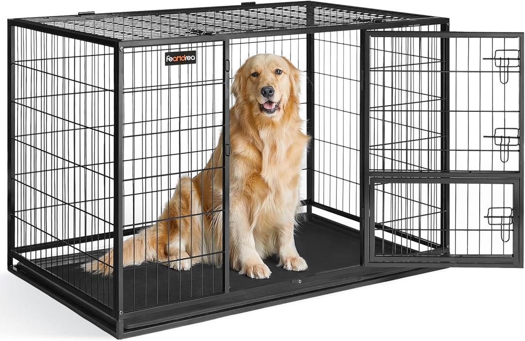 Feandrea 48 Inch Heavy Duty Dog Crate, Metal Escape Proof Dog Kennel with Double Doors and Convenient Feeding Door, Removable Tray, Easy to Clean, XXL Dog Crate for Large and Medium Dogs, Black
