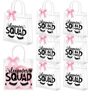 Vicenpal 6 Sets Clear Sleepover Gift Bag with Handles 6 Pcs Pink Bows PVC Plastic Spa Party Treat Goodie Snack Bags Sleepover Squad Theme Party Favors for Birthday Slumber Parties, 7.9 x 7.9 x 3.1''