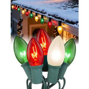 25ft Red White and Green Outdoor Christmas Lights,C9 Clear Incandescent Christmas Lights with 26 Multicolor Bulbs,Waterproof String Lights Plug in for Roofline Tree Garden Decor