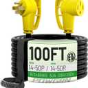 POWGRN NEMA 14-50P to NEMA 14-50R 50 Amp RV/EV Extension Cord 100 FT Outdoor with Grip Handle, Flexible Heavy Duty RV Power Cord Waterproof, 50A 125/250V 6250/12500W STW, Black-Yellow, ETL Listed