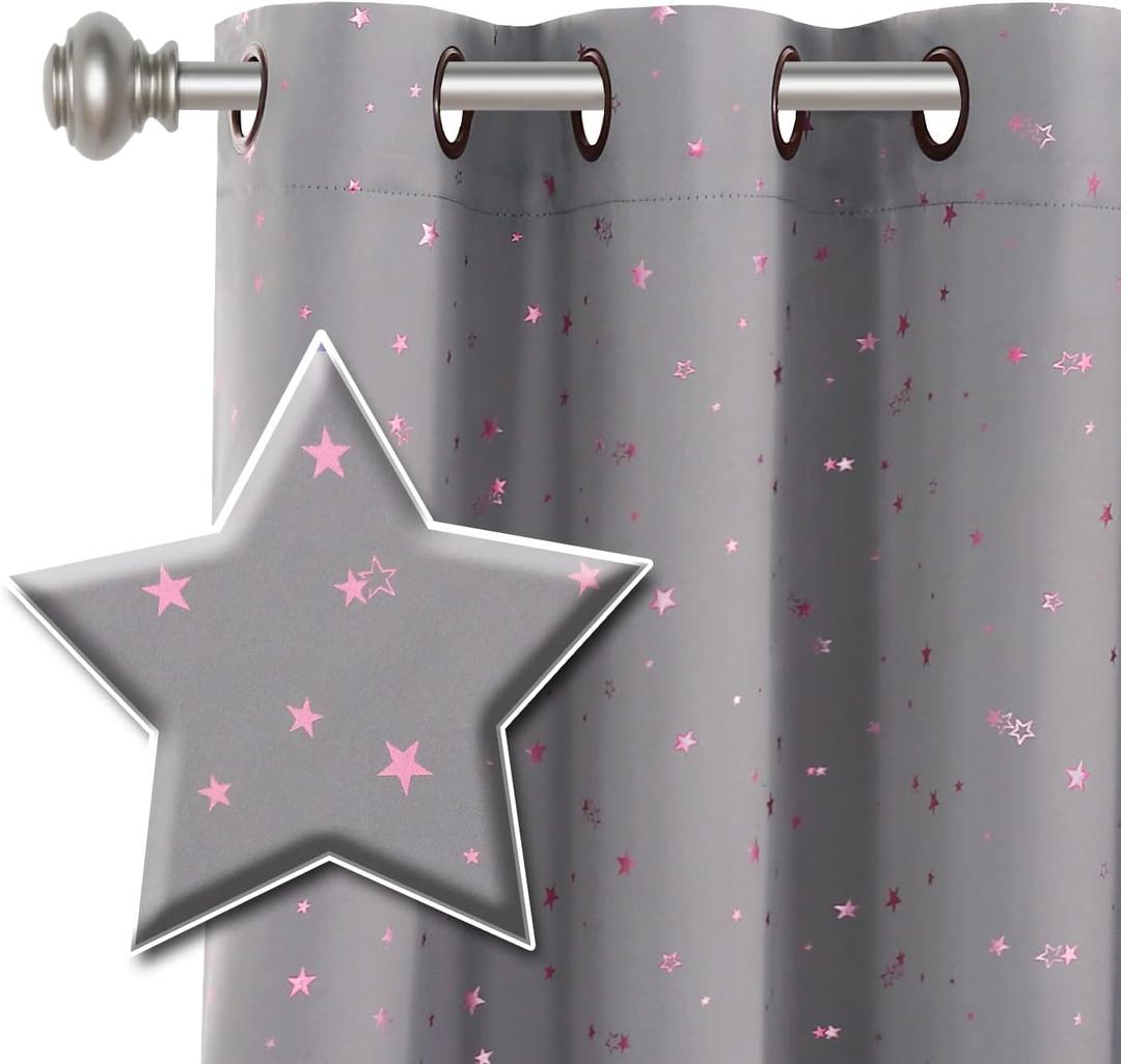 H.VERSAILTEX Blackout Star Curtains for Kids Room Boys Girls Twinkle Stars Thermal Insulated Cute Thick Soft Curtain Drapes, Grommet Top, 1 Panel, 52" W x 63" L, Grey/Pink