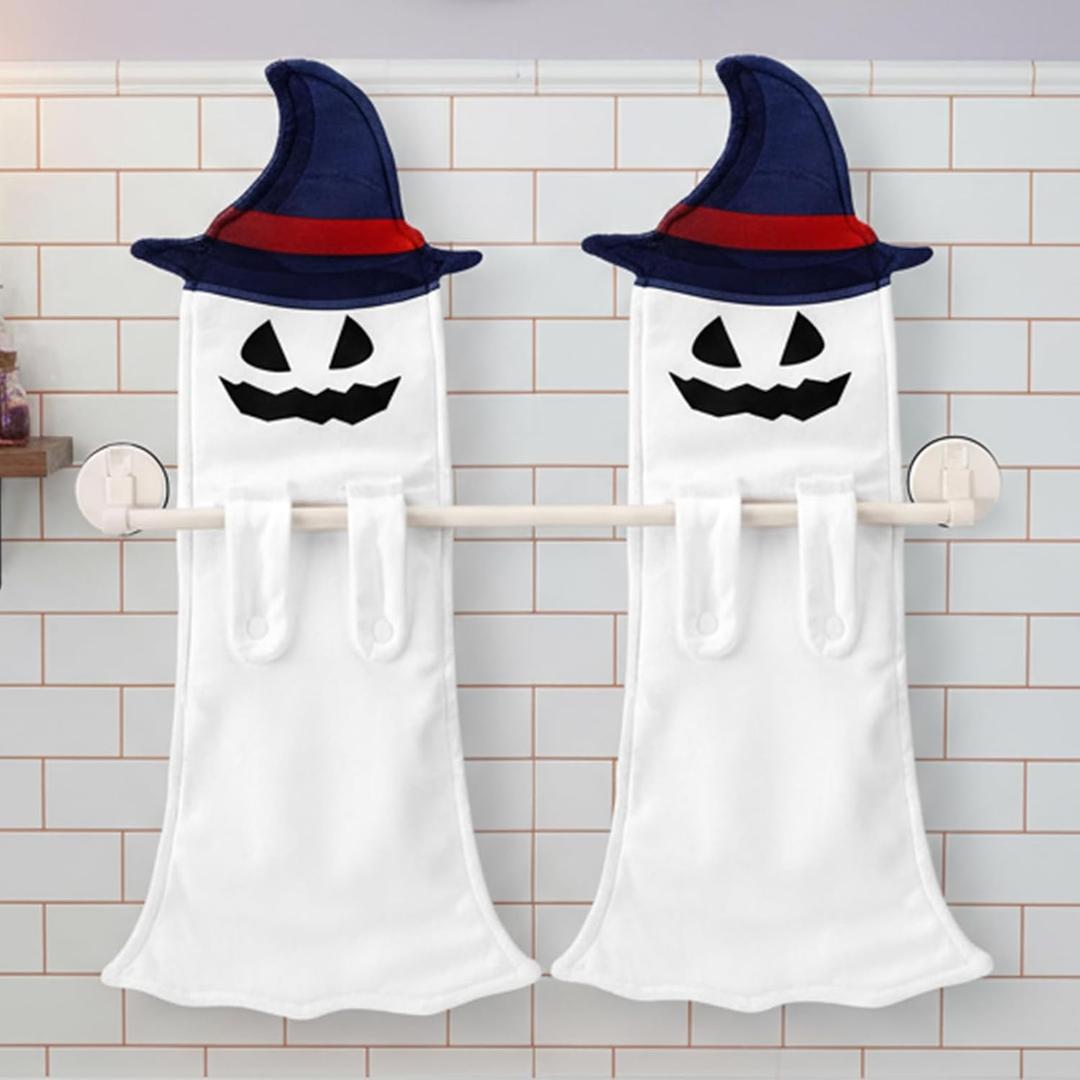 2 Pcs Halloween Cute Ghost Hand Towels for Bathroom Funny Ghost Hanging Washcloth Face Towel Cotton Embroidered Super Absorbent for Kitchen Bath Halloween Decoration (Scary Pumpkin Face)