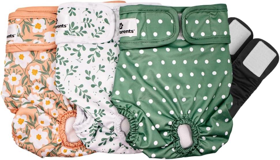 Pet Parents Washable Dog Diapers (3pack) + Extendrs of Durable Doggie Diapers, Premium Dog Diapers Female (Large, Daisy)