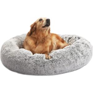 Bedfolks Calming Donut Dog Bed, 36 Inches Round Fluffy Dog Beds for Large Dogs, Anti-Anxiety Plush Dog Bed, Machine Washable Pet Bed (Light Grey, Large)